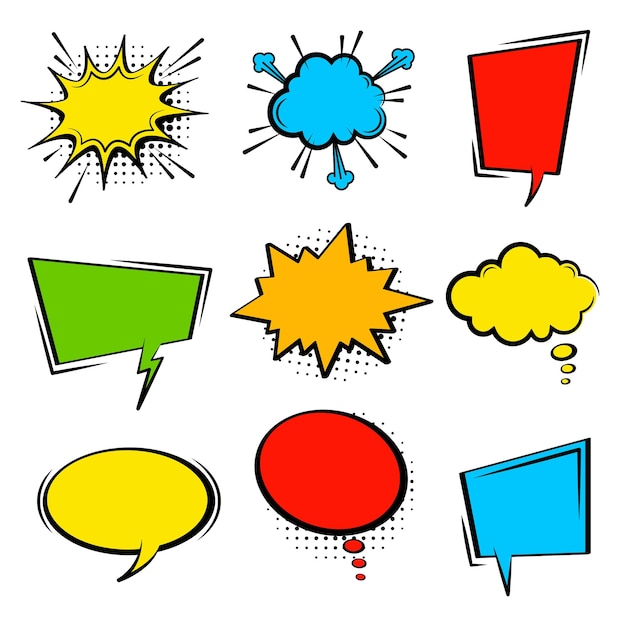 Comic speech bubble set Empty cartoon colored cloud pop art expression speech boxes Comics book vector background template with halftone dots