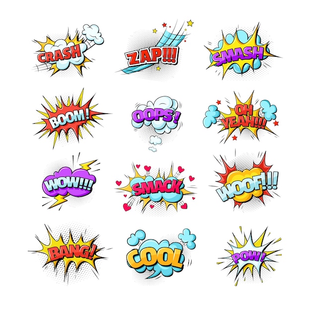 Comic speech bubble sound effects pop art style with quotes, exclamations, surprise, admiration