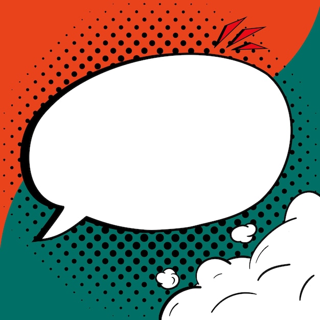 Vector comic speech bubble with copy space and colorful doodles design of empty template in explosion framework representing social media messaging and connecting