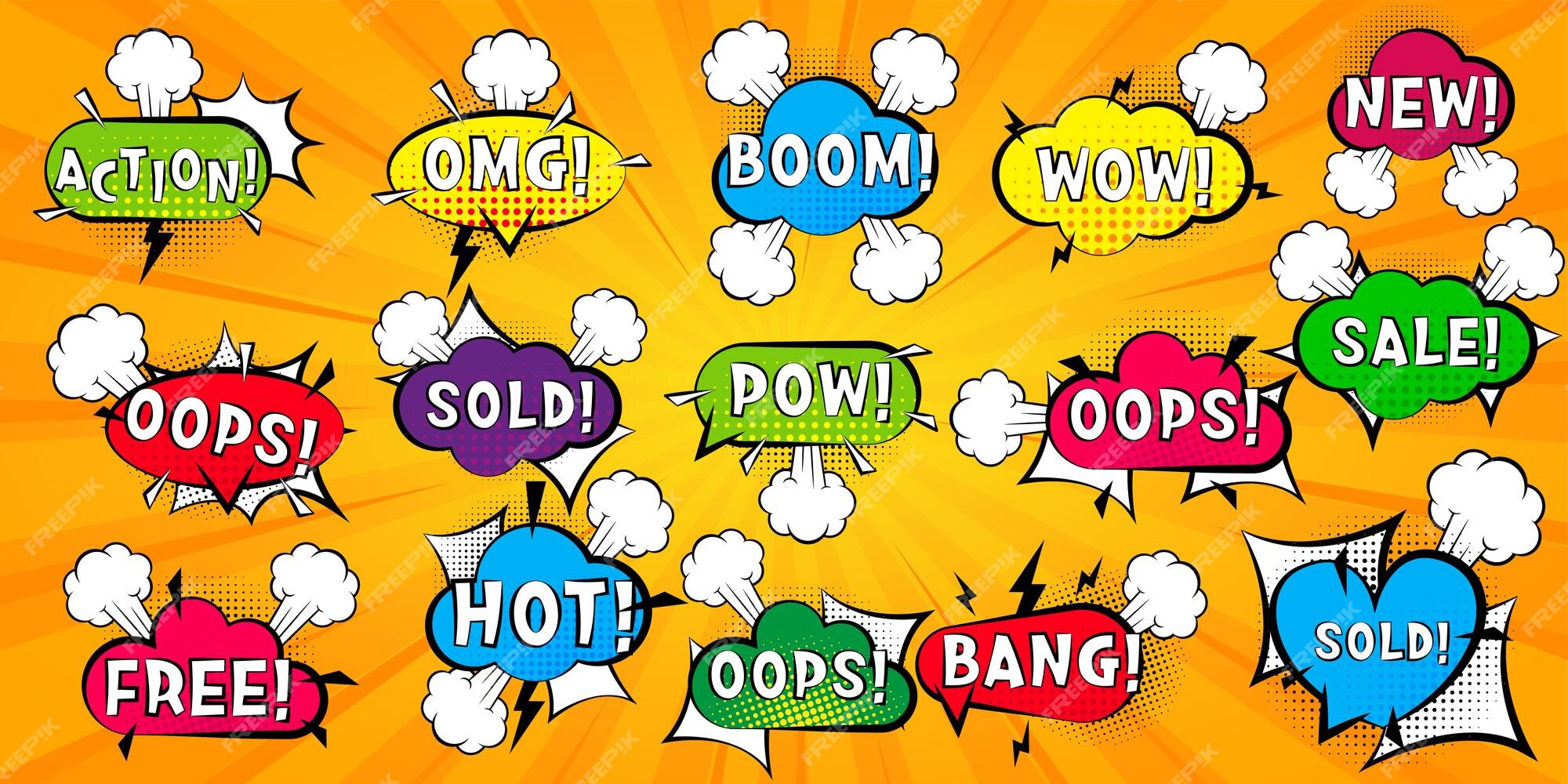 Vetor do Stock: Onomatopoeia comics sounds in clouds for emotions