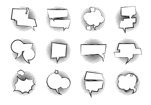 Комические речевые пузыри. ретро болтовня облако монохромный диалоговое окно шар шар говорить чат пустой речи шары. набор комиксов пузырей