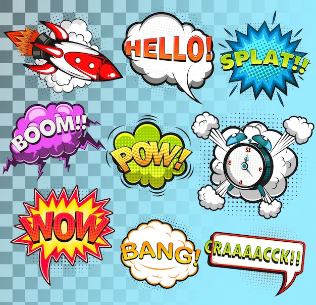 Vector comic speech bubbles. rocket. alarm clock. sound effects. illustration