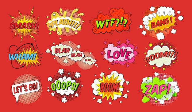 Comic speech bubbles set Humor pop art emotions expression Speech clouds with quotes admiration