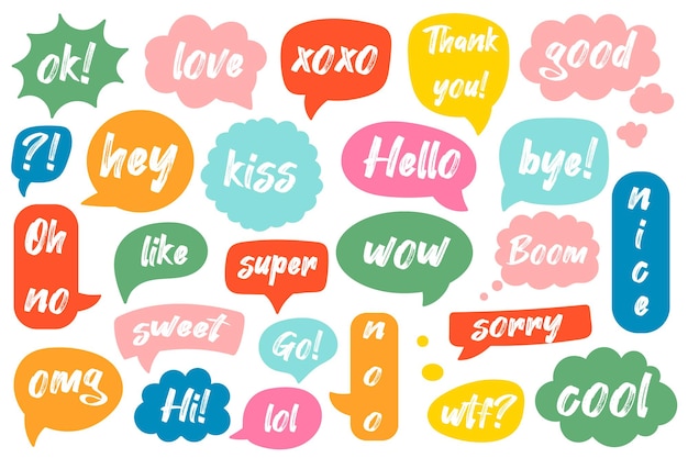 Vector comic speech bubbles set with chat phrases funny text stickers patches for messaging in mobile app