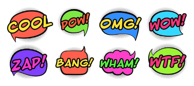 벡터 다른 감정과 텍스트로 설정된 만화 말풍선 cool pow omg wow zap bang wham wtf vector 그림