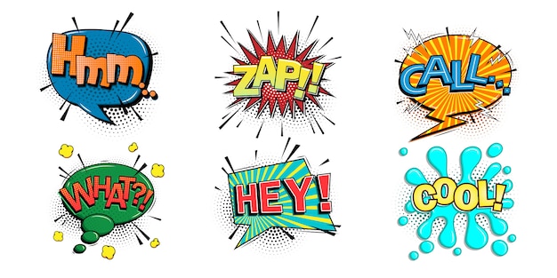 Fumetti comici con diverse emozioni e testo hmm, zap, call, what, hey, cool