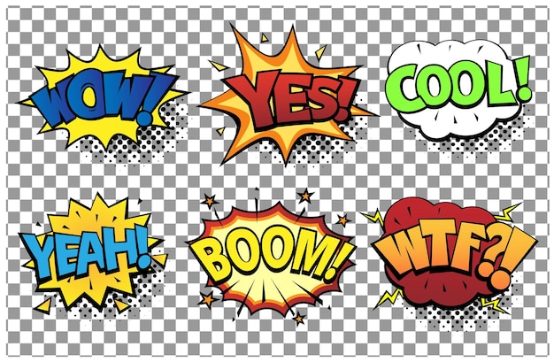 Comic speech bubbles set with different emotions and text Wow Yes Cool Yeah Boom Wtf