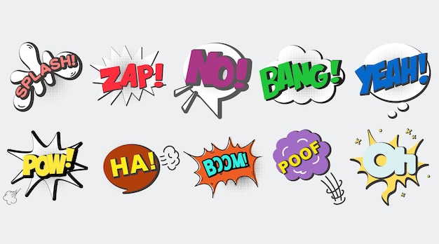 Comic speech bubbles stickers collection set cartoon style flat design Premium Vector