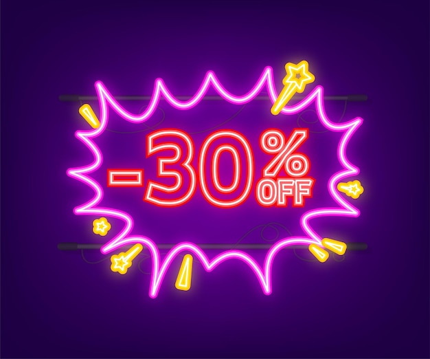 Vector comic speech bubbles with 30 percent off sale discount  neon itch icon symbol sticker tag