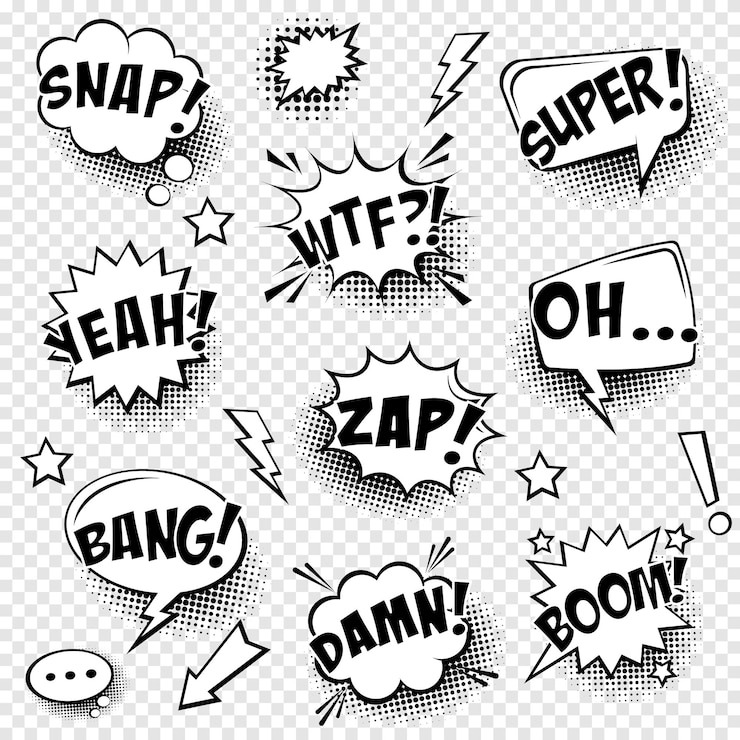 Vector comic speech bubbles with halftone shadow and text phrase vector hand drawn retro cartoon stickers