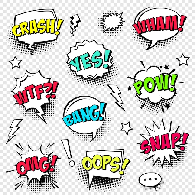 Vector comic speech bubbles with halftone shadow and text phrase vector hand drawn retro cartoon stickers