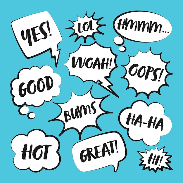 Comic speech bubbles with handwritten text outline hand drawn retro cartoon stickers on blue