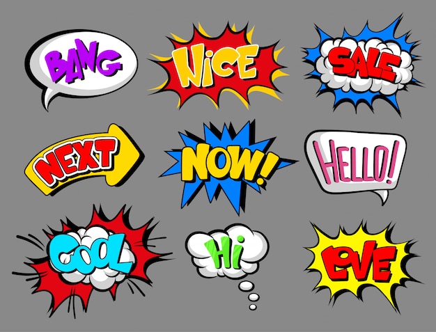 Premium Vector | Comic speech bubbles with text set, bang, nice, sale,  next, now, hello, cool, love, hi, sound effect cloud illustrations