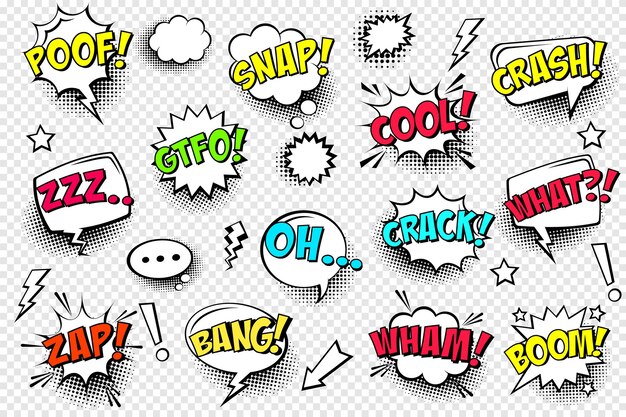 Vector comic spraak bubbels met halftone schaduw en tekst frase vector hand getekende retro cartoon stickers