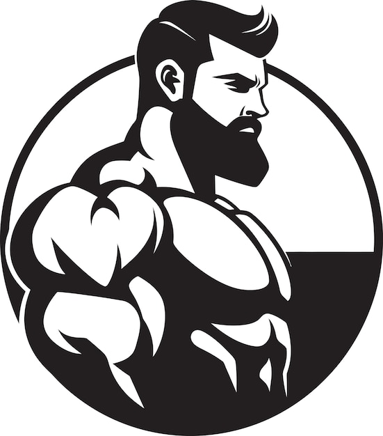 Comic Strength Impression Black Logo Icon of Cartoon Bodybuilder in Vector Flex Iconic Fusion Carto