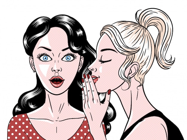 Vector comic style beautiful young women gossiping, surprised expression, secret, omg, wow, pop art, illustration