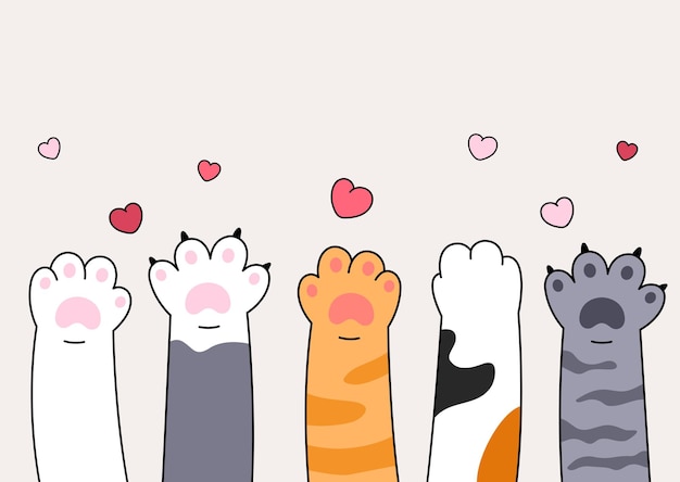 Vector comic style cartoon cat paws catching little hearts pet animal hands love valentine banner