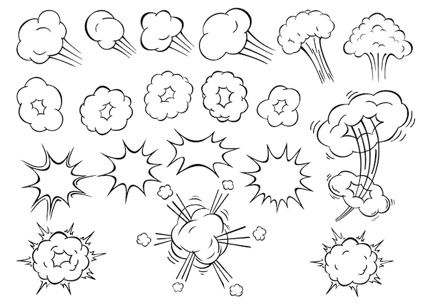 黒と白のセットでコミック スタイルの爆発漫画のスピーチのための面白い風船のコレクション
