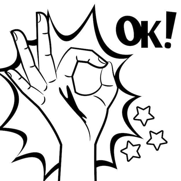 Vector comic style hand ok sign black and white design