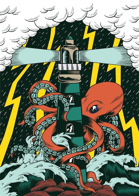 Comic style octopus attacking lighthouse