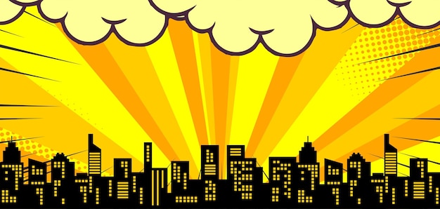 comic sunburst background with city silhouette