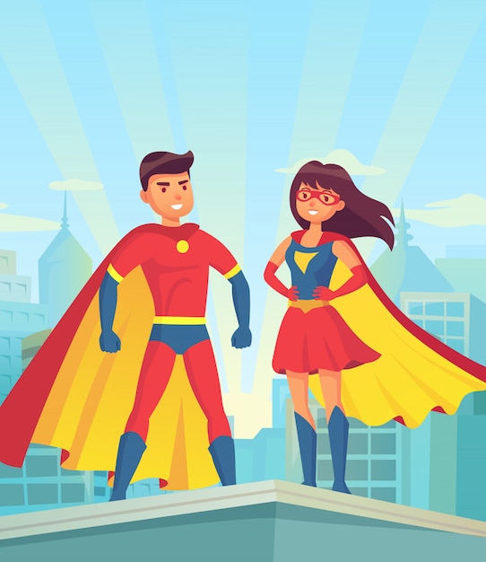 Vector comic superhero couple, cartoon man and woman in red cloaks on roof of city