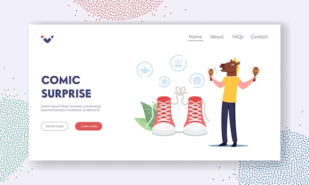 Vector comic surprise landing page template. first april fools day. character doing prank tricks. man wearing funny horse head playing maracas, tied shoelaces, fooling mischief. cartoon vector illustration