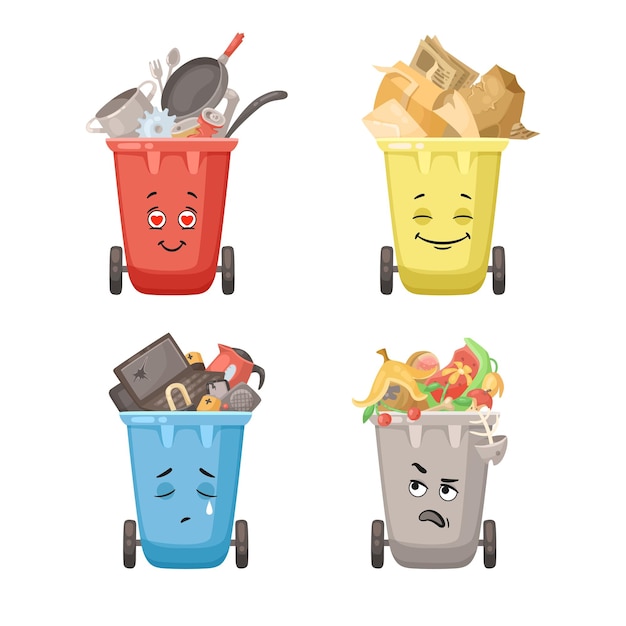 Vector comic trash cans for different waste vector illustrations set