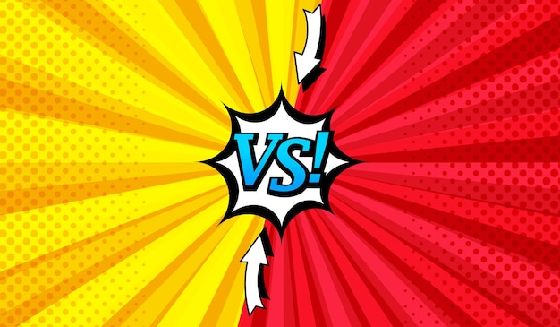 Вектор Комикс против яркого горизонтального фона с двумя противоположными сторонами, стрелками, речевым пузырем, радиальными и полутоновыми эффектами красного и желтого цветов.