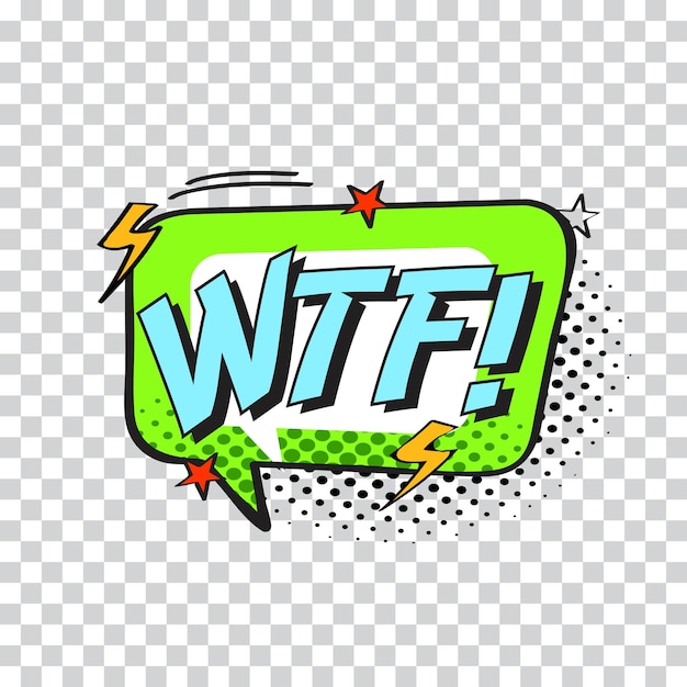 Comic word wtf in vintage comic speech bubble with halftone dotted vector illustration