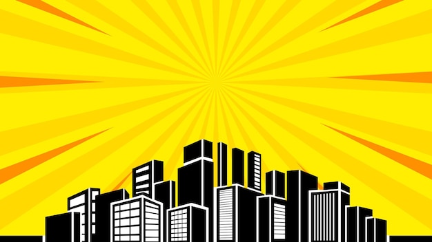 Comic yellow burst background with city silhouette illustration