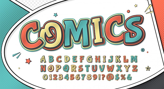 Comics font. cartoonish retro alphabet on comic book page