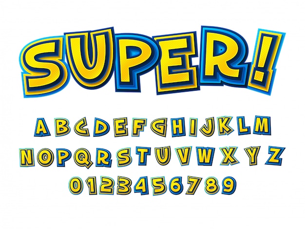 Comics font. Cartoonish yellow-blue alphabet