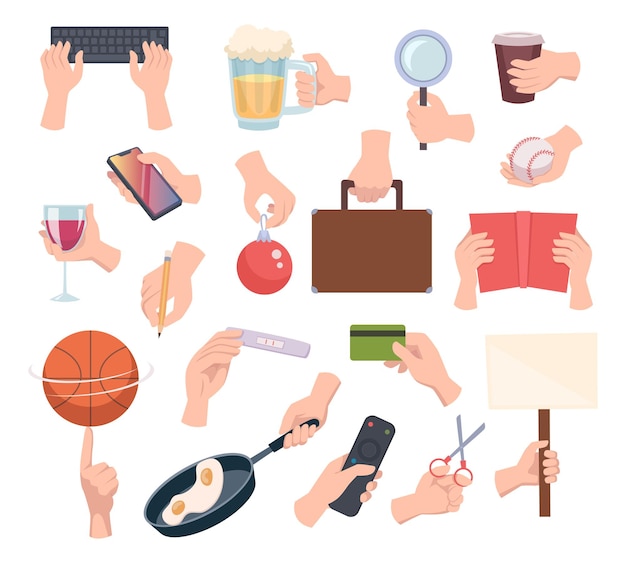 Vector comics hands human body parts hands holding items exact vector cartoon stylized gestures hand holding smartphone and beverage coffee book or card illustration