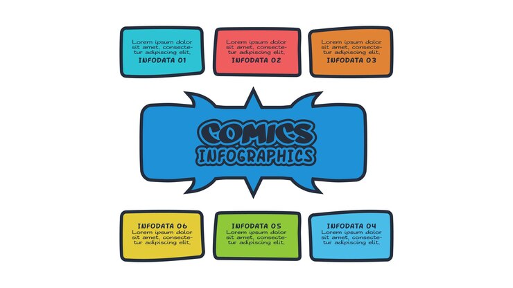 Vector comics infographic with 6 steps options parts or processes business data visualization creative infographic template
