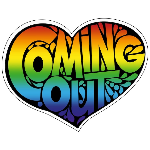 Uscendo lettering orgoglio lgbt cuore arcobaleno