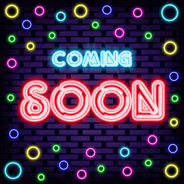 Coming Soon Badge in neon style Neon script Neon text