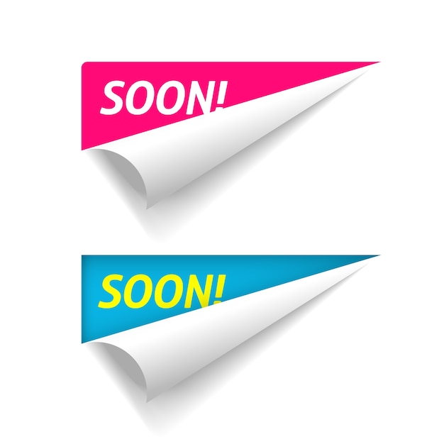 Coming soon banner on corner peel flip paper fold , new product release advertising folded sticker