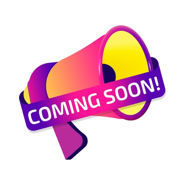 Coming soon banner label badge icon with megaphone flat design