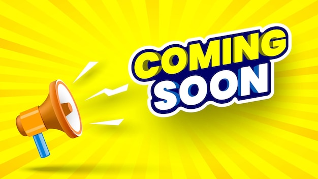 Coming soon banner with megaphone on yellow striped background vector illustration