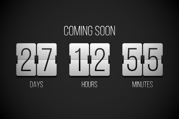 Vector coming soon flip countdown clock counter timer on a black background