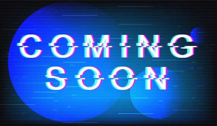 Vector coming soon glitch phrase. retro futuristic style typography on electric blue background. trendy text with distortion tv screen effect. film release banner design with quote
