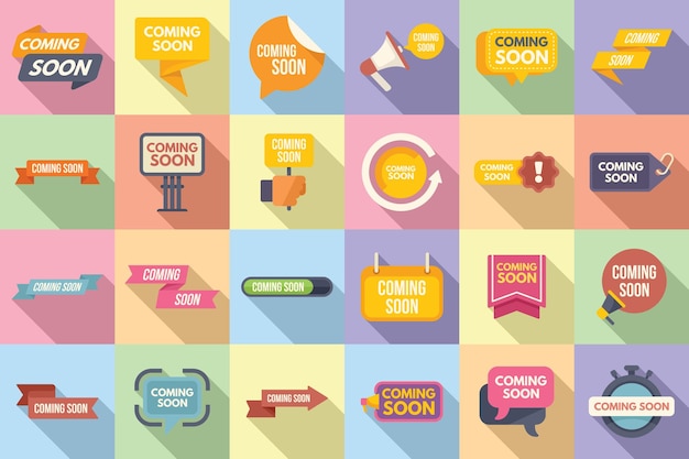 Coming soon icons set simple vector neon sign