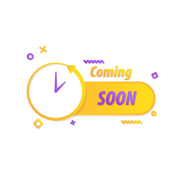 Coming soon special event or sale advertising tag with clock