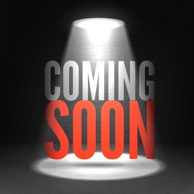 Vector coming soon in stage spotlight on dark background.  scene illuminated spotlight.