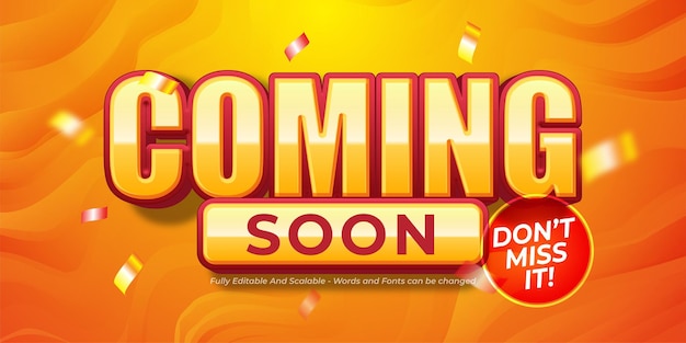 Coming soon text design with 3d modern effect style on gradient background