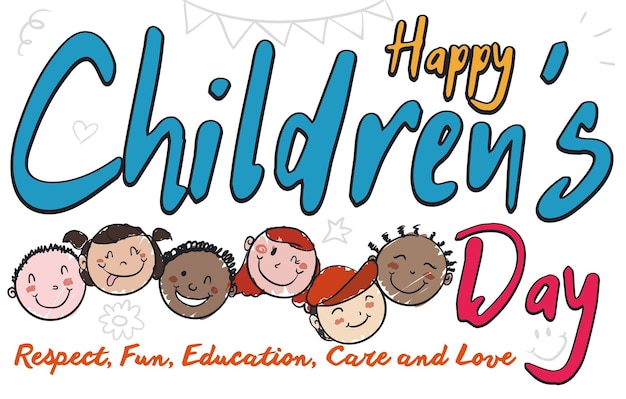 Commemorative design in doodle style with happy multiracial kids ready to celebrate Childrens Day