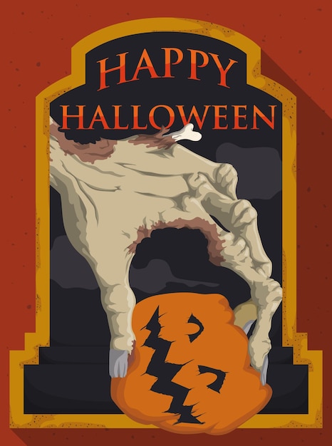 Poster commemorativo di halloween con mano zombie che tiene una zucca sorridente su una tomba arrugginita