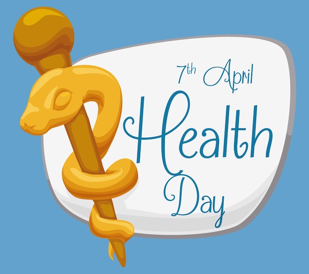 Памятный знак всемирного дня здоровья с золотой палочкой асклепия в стиле мультфильма