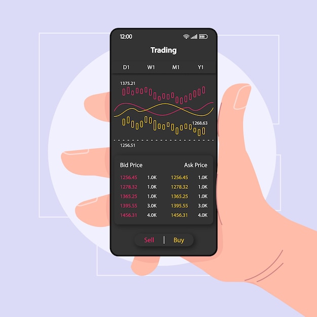 Modello vettoriale dell'interfaccia dello smartphone di analisi del commercio layout del design nero della pagina dell'app mobile schermata dei grafici di trading interfaccia utente piatta per l'applicazione telefono che tiene in mano con statistiche annuali settimanali sul display